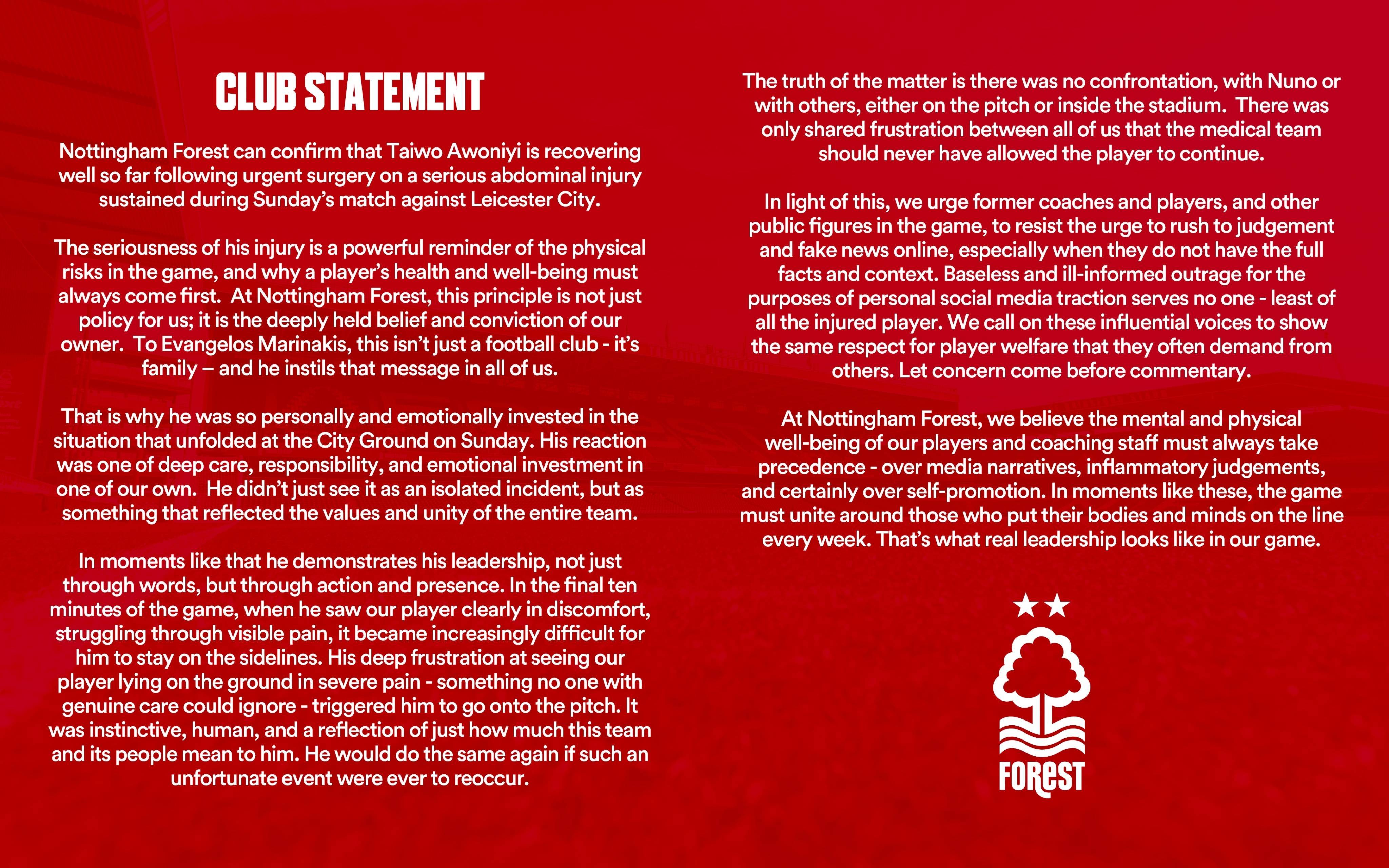 诺丁汉森林官方声明：阿沃尼伊已顺利完成紧急手术，恢复情况良好